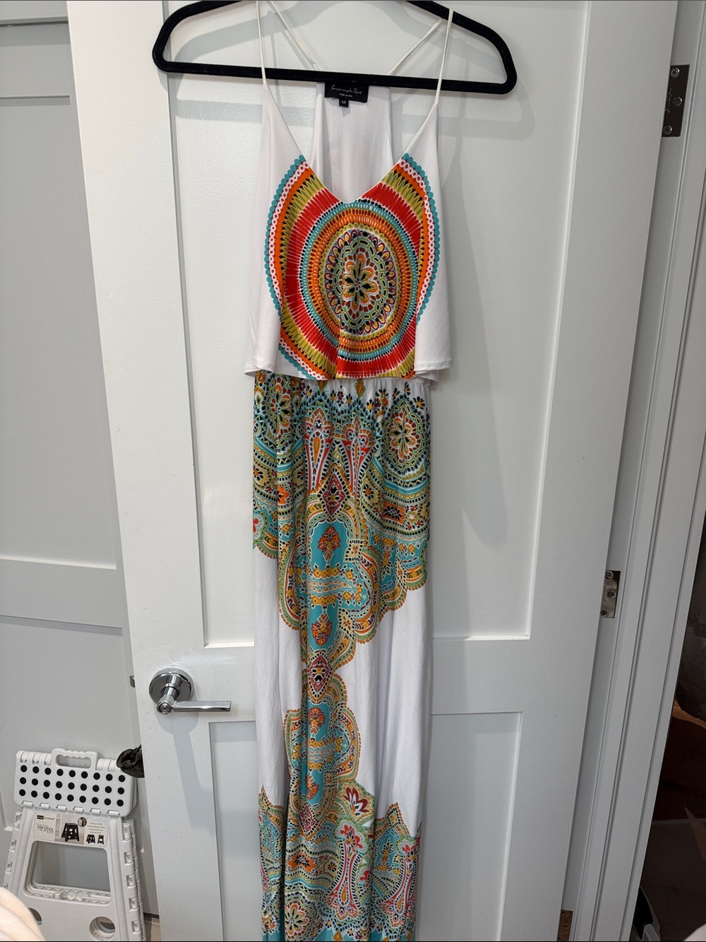 Boho White Maxi Dress with Vibrant Multicolor Medallion Print